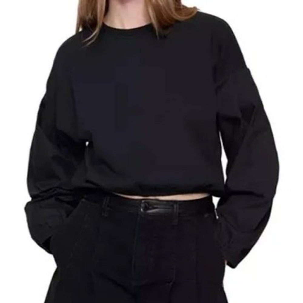 Rebecca Minkoff Black Mixed Media Puff Sleeve Cropped Sweatshirt Large